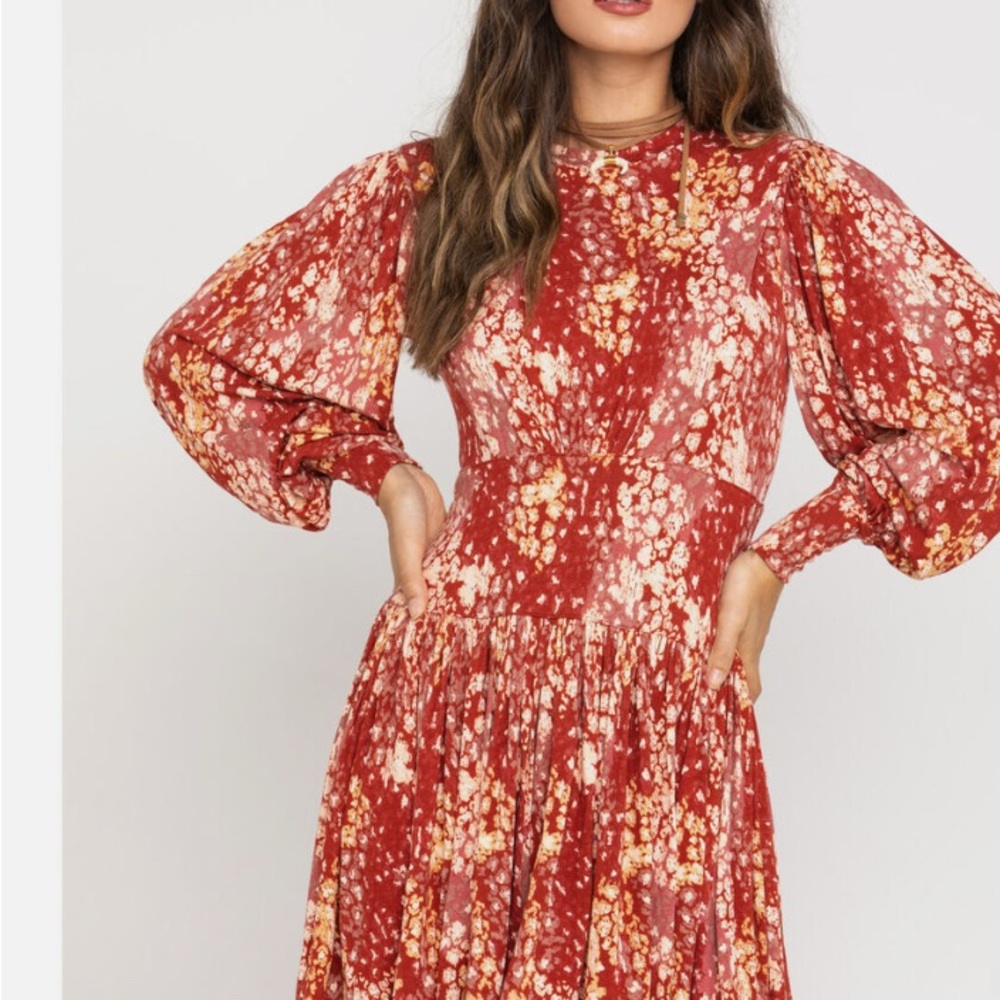 Free People Red Mini Dress with Long Bishop Sleeves and Mock Neck